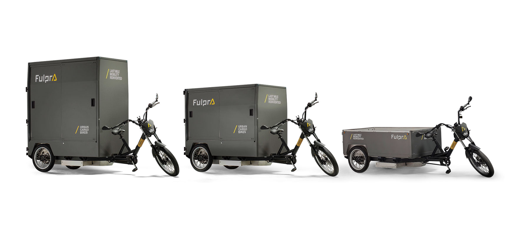 Drei Fulpra Cargo-E-Bikes mit drei verschiedenen Ladevolumen