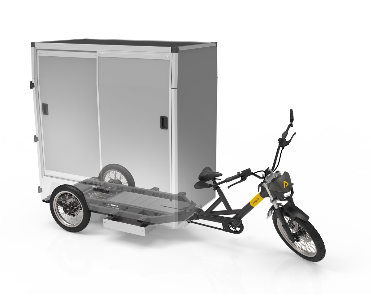 Grafik eines Fulpra Cargo-E-Bikes mit halbtransparenten Lademodul